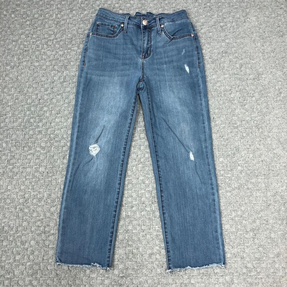 Seven7 Tower Straight Crop Jeans Womens 4 Blue Med Wash Mid Rise Distressed